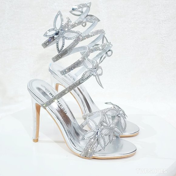 Berness Shoes - Fly Girl 2 Metallic Silver Upper & Rhinestones Butterfly Wrap Strap High H…